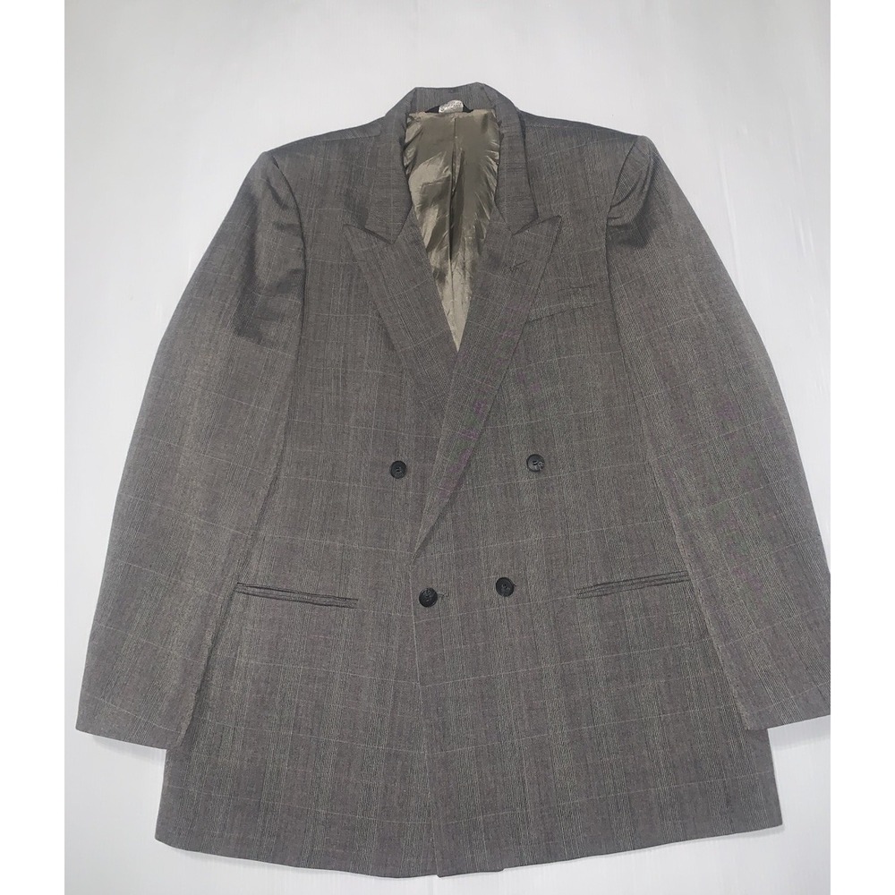 VTG Pierre Cardin 44L Double Breasted Blazer Jacket Glen Plaid Gray USA Made
